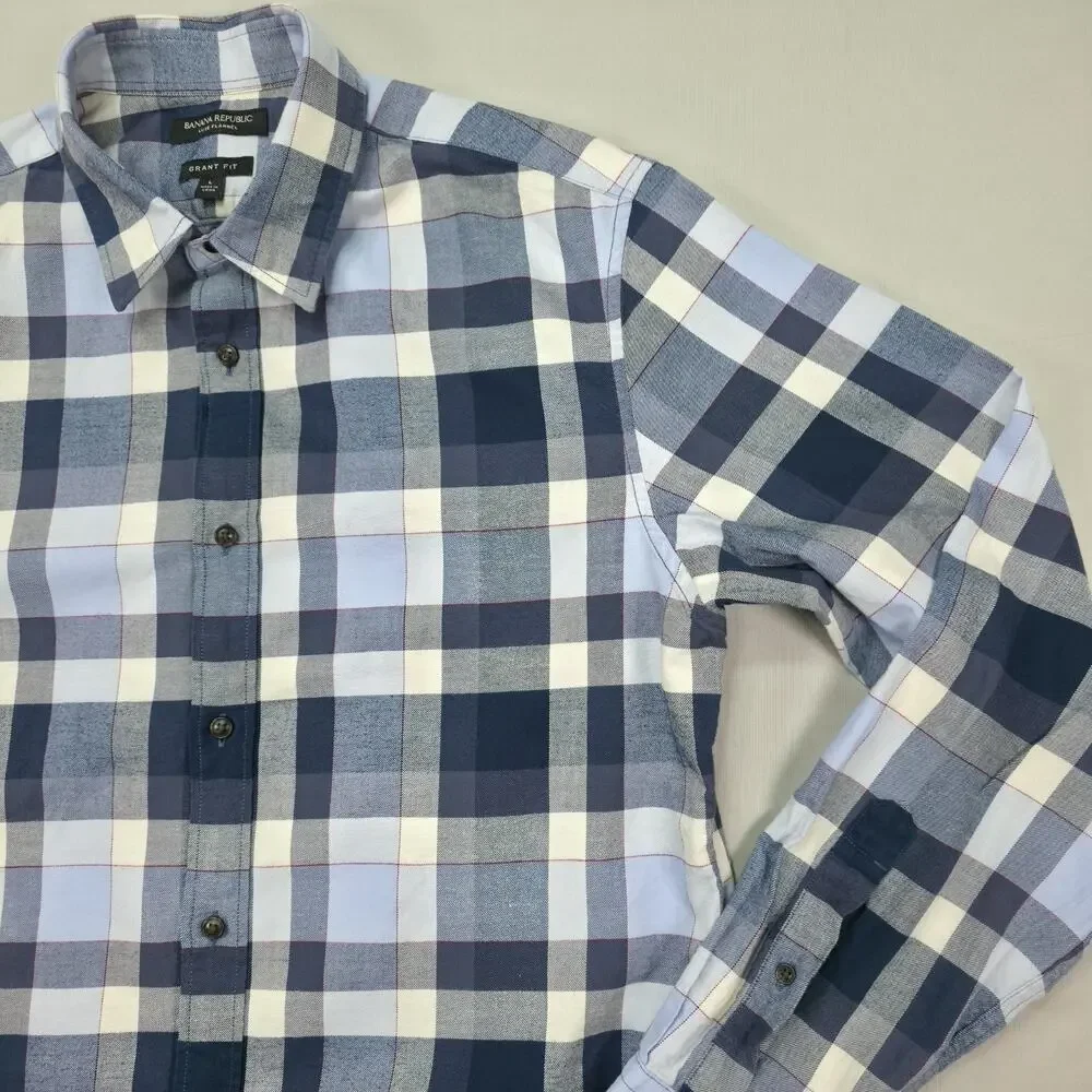 Banana Republic Mens Large Luxe Flannel Shirt Grant Fit Blue Plaid Casual
